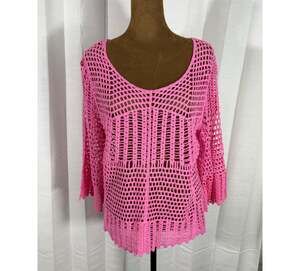 A.Z.I. Pink Cotton Crochet Bell Sleeve Boho Top Size Small